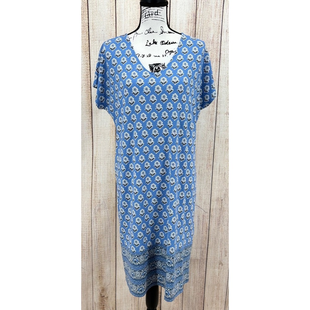 J. Jill Wearever Blue Floral Print V-Neck Dress Size Medium Tall Rayon Spandex